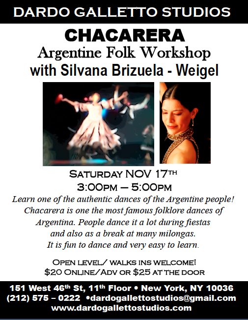 CHACARERA Workshop w/ Silvana Brizuela. Sat Nov 17